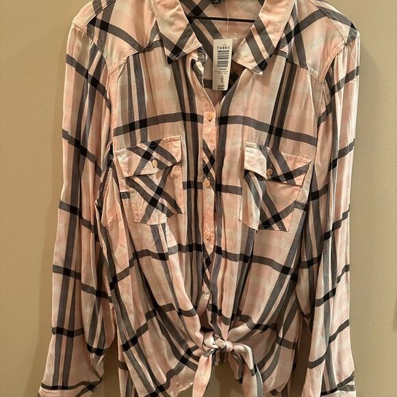 Torrid Pink Plaid Button Down Shirt - Picture 2 of 5